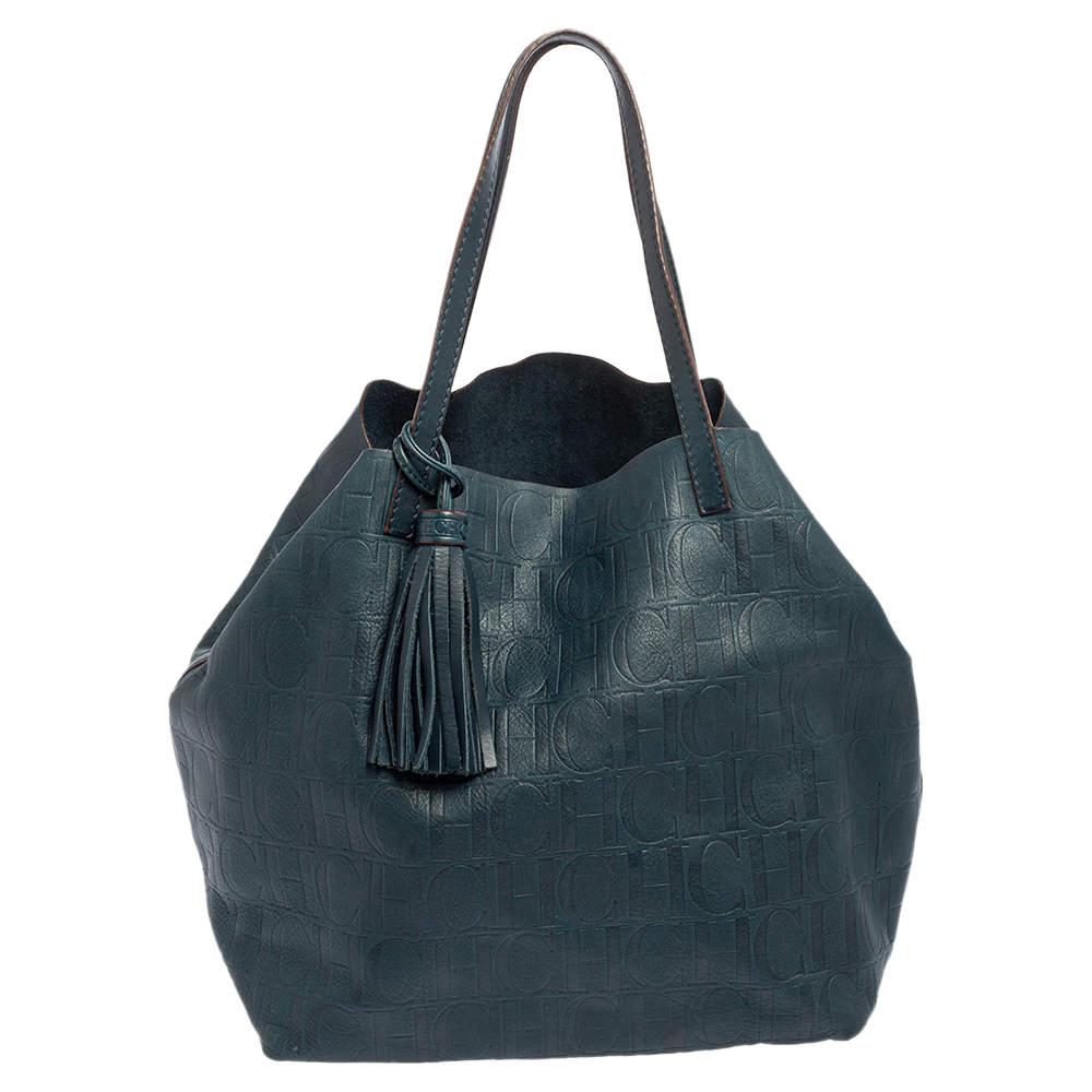 Pre Owned Carolina Herrera Teal Green Monogram Leather Matryoshka Tote