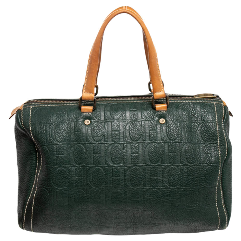 Pre Owned Carolina Herrera Green Monogram Leather Large Andy Boston Bag