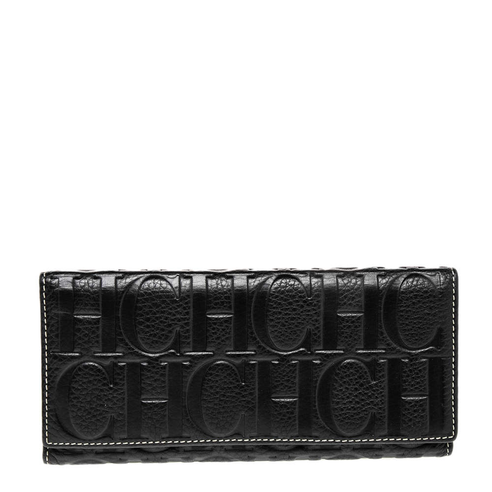 Pre Owned Carolina Herrera Black Monogram Embossed Leather Trifold Continental Wallet
