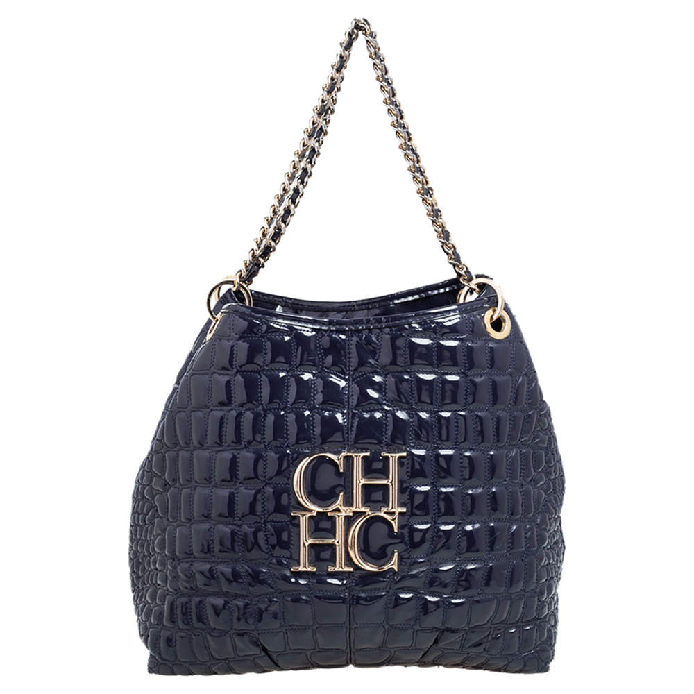 Pre Owned Carolina Herrera Purple Croc Embossed Patent Leather Logo Chain Shoulder Bag