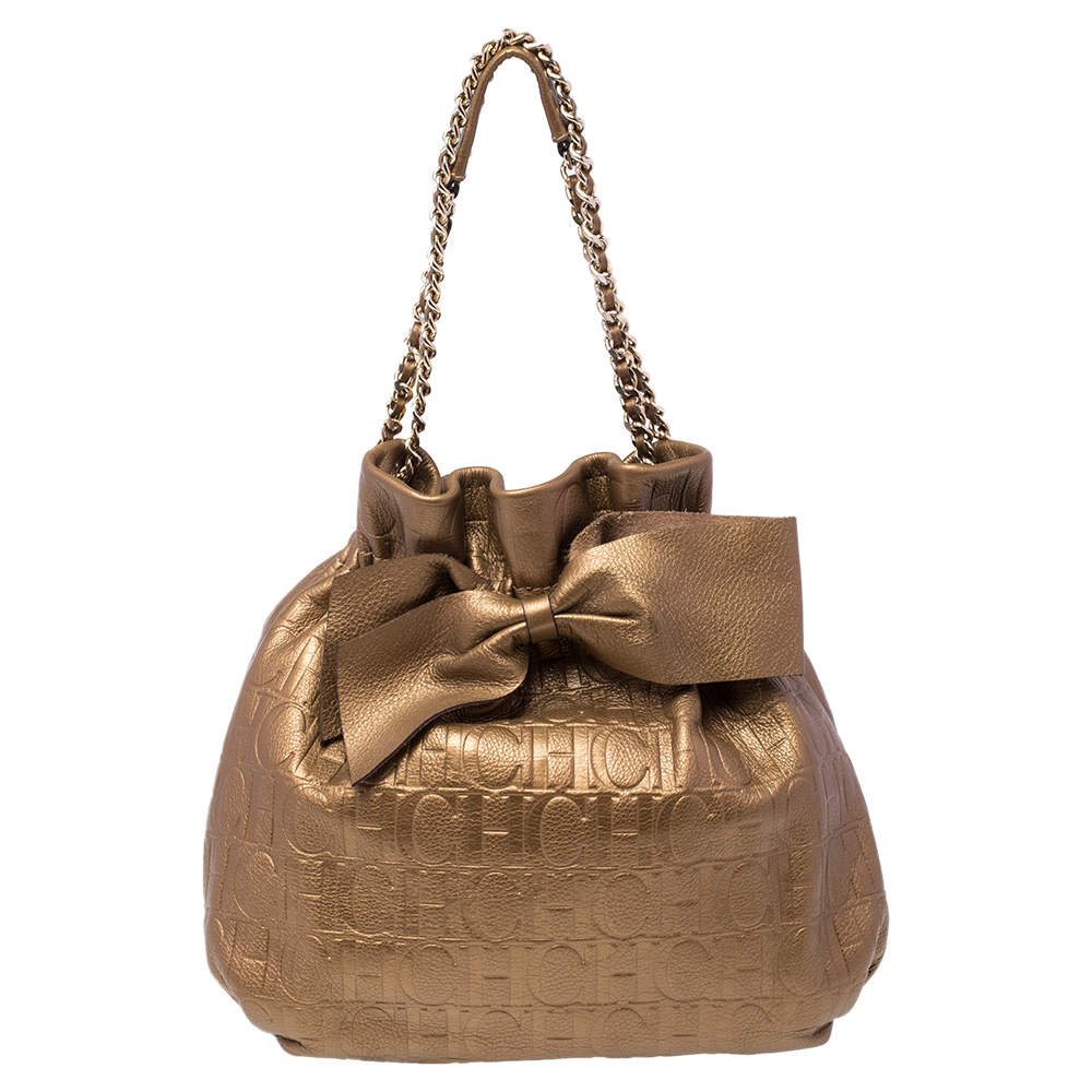 Pre Owned Carolina Herrera Golden Brown Embossed Leather Bow Bucket Shoulder Bag