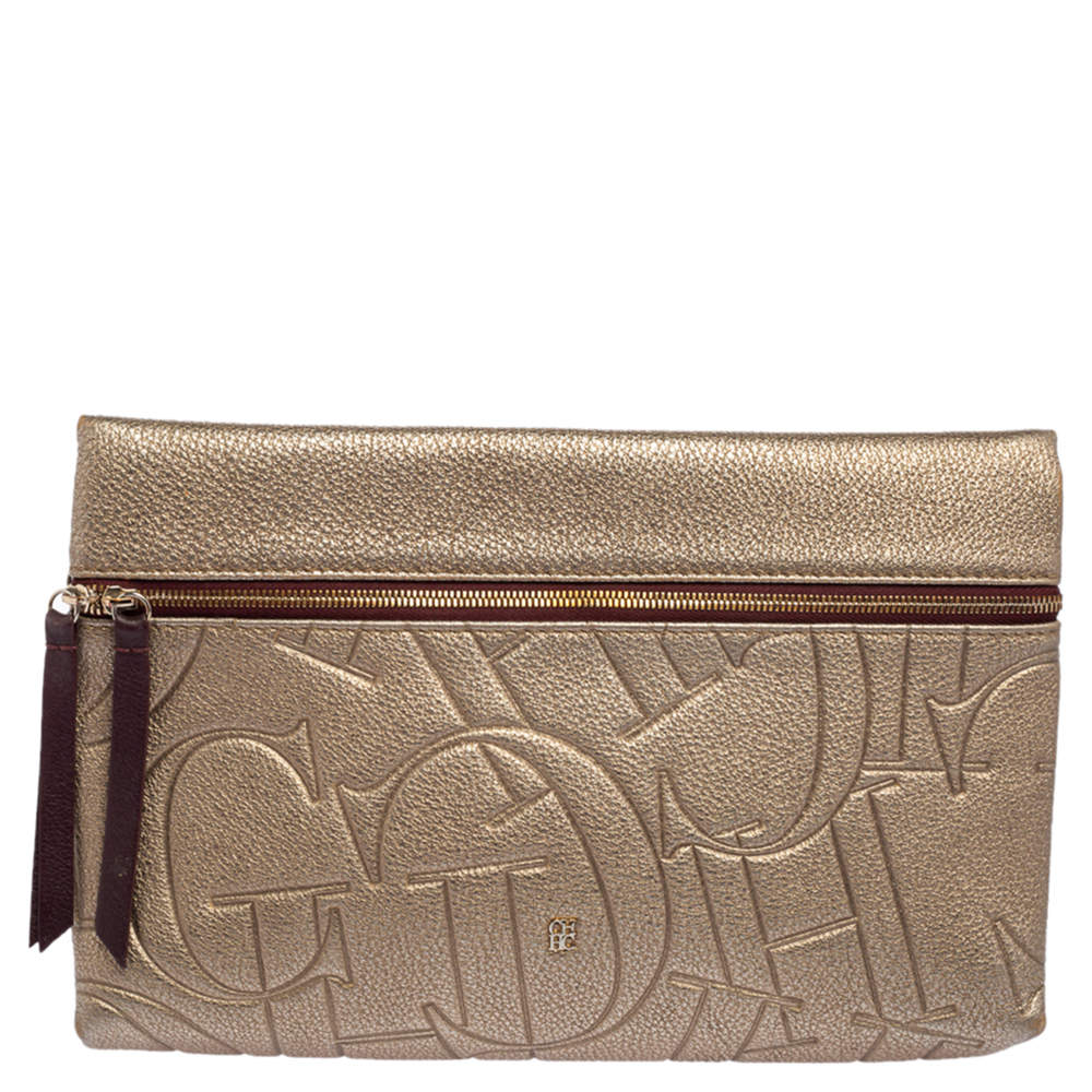 Carolina Herrera Metallic Embossed Monogram Leather Crossbody Bag
