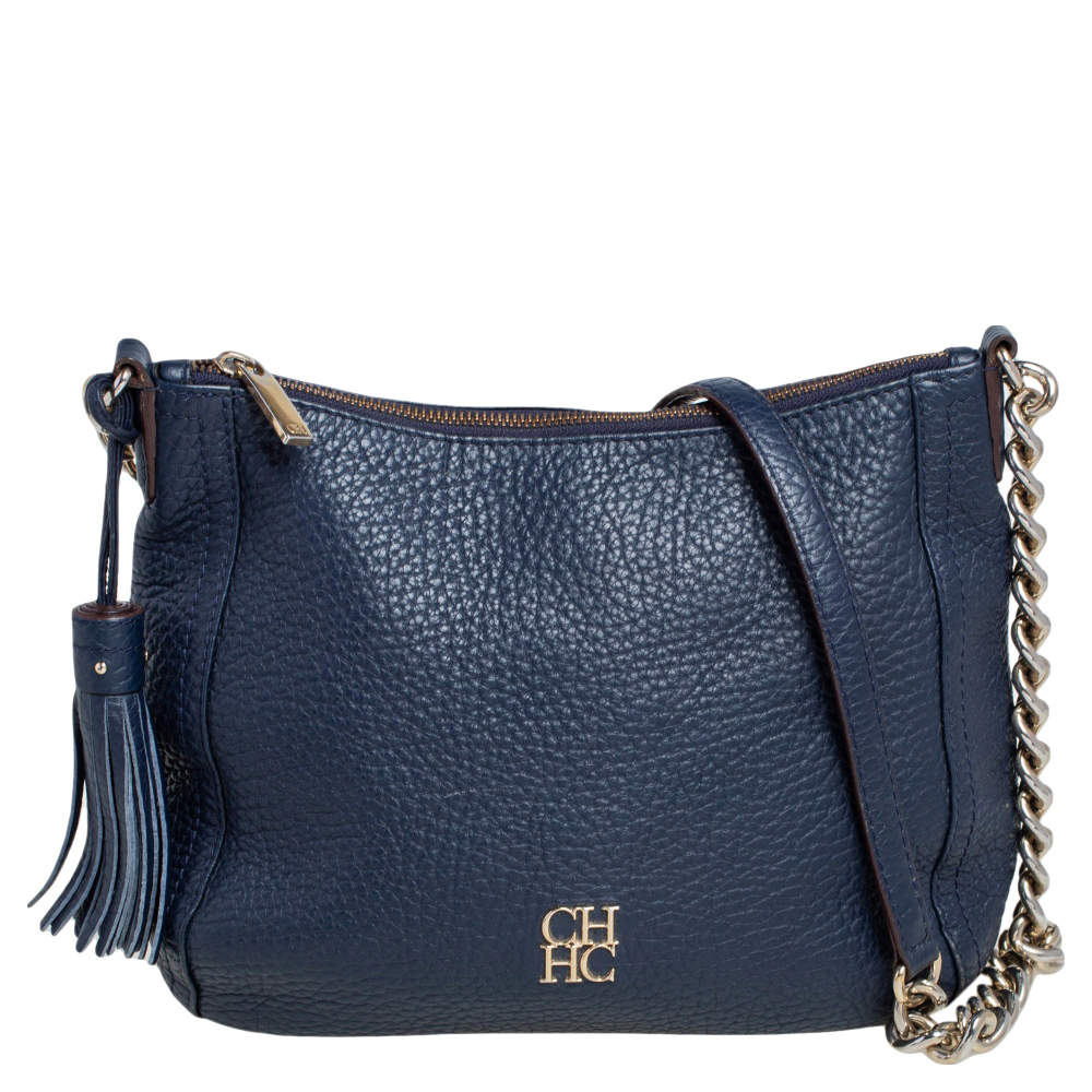 Pre Owned Carolina Herrera Navy Blue Pebbled Leather Maria Shoulder Bag