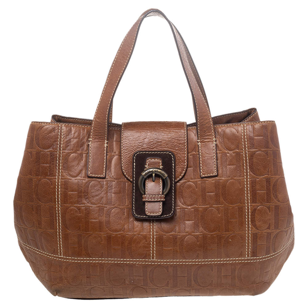Pre Owned Carolina Herrera Brown Monogram Leather Tote