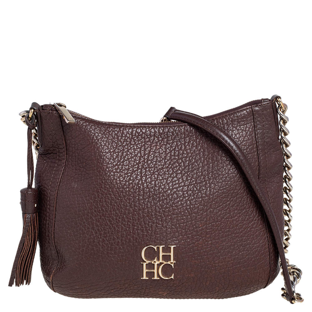 Pre Owned Carolina Herrera Dark Brown Leather Tassel Chain Shoulder Bag