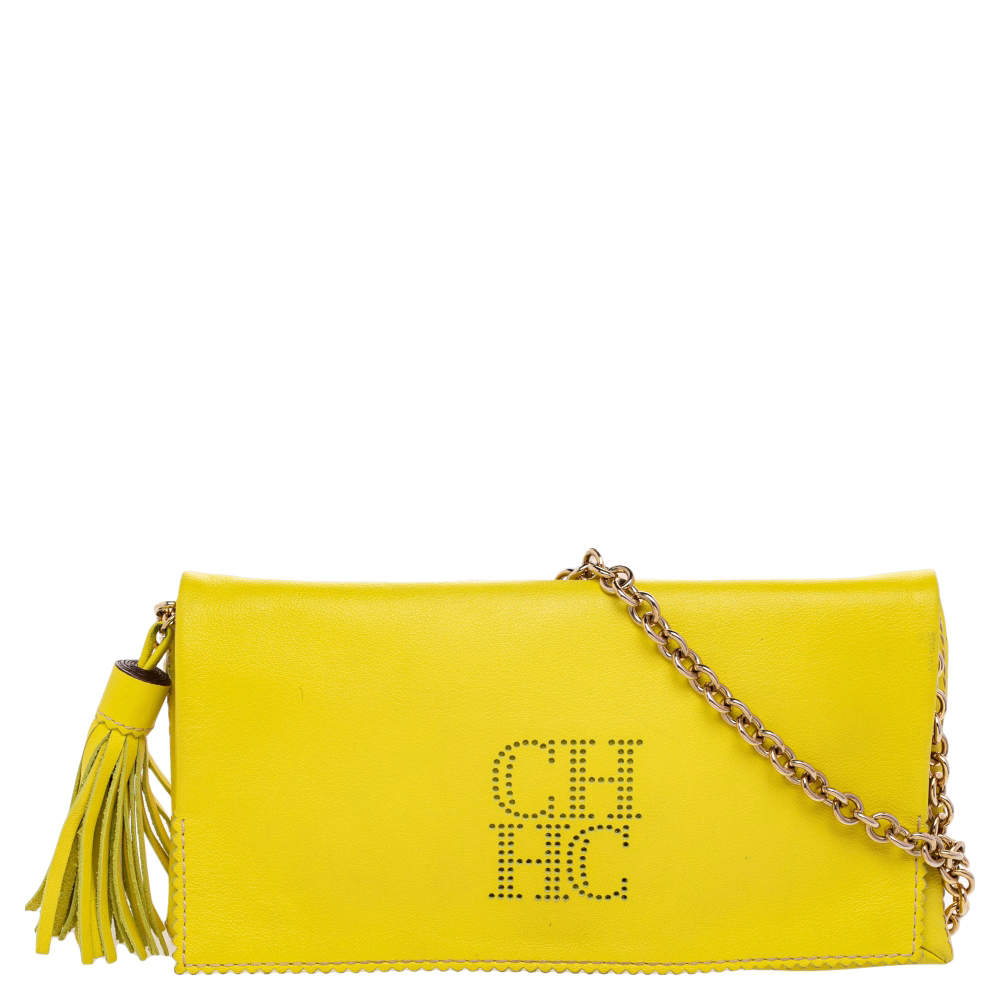 Pre Owned Carolina Herrera Yellow Perforated Logo Leather Flap Tassel Chain Shoulder Bag