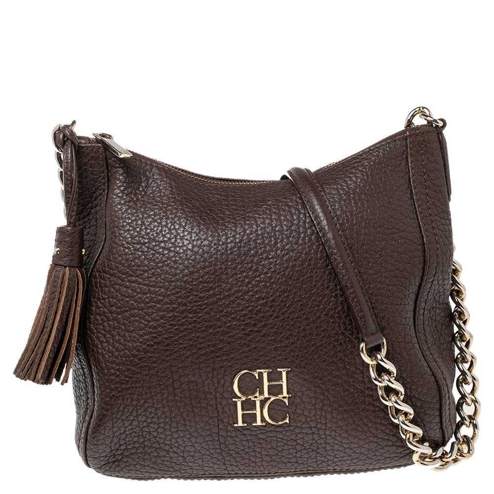 Pre Owned Carolina Herrera Brown Leather Chain Tassel Chain Crossbody Bag
