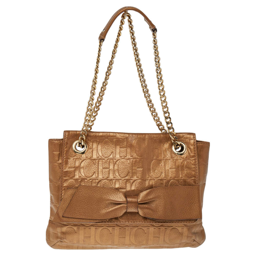 Pre Owned Carolina Herrera Gold Monogram Leather Audrey Shoulder Bag