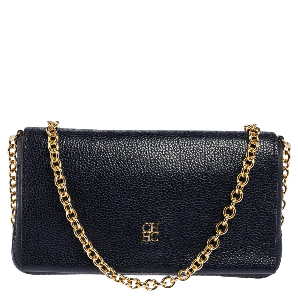 Pre Owned Carolina Herrera Navy Blue Leather Chain Clutch