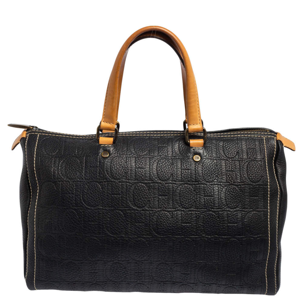 Pre Owned Carolina Herrera Dark Blue Monogram Leather Large Andy Boston Bag