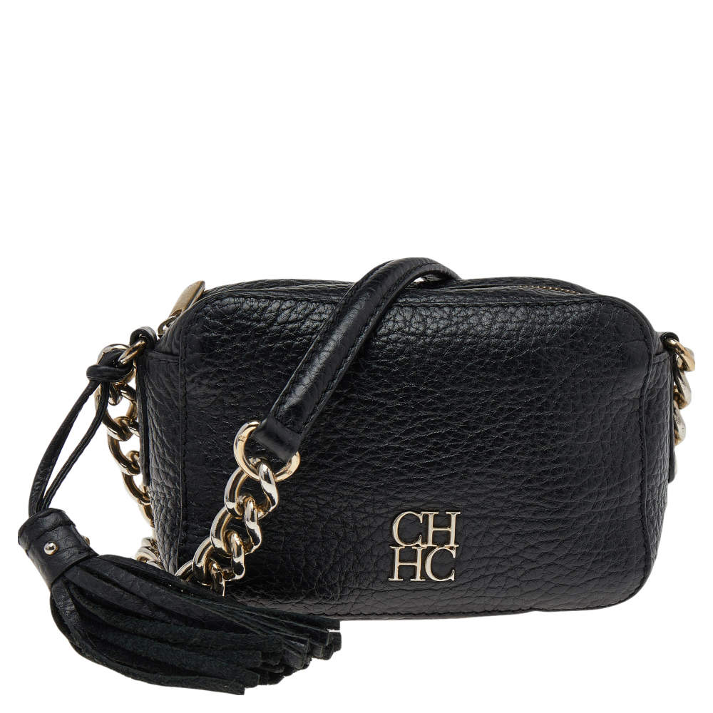 Pre Owned Carolina Herrera Black Pebbled Leather Camera Tassel Shoulder Bag