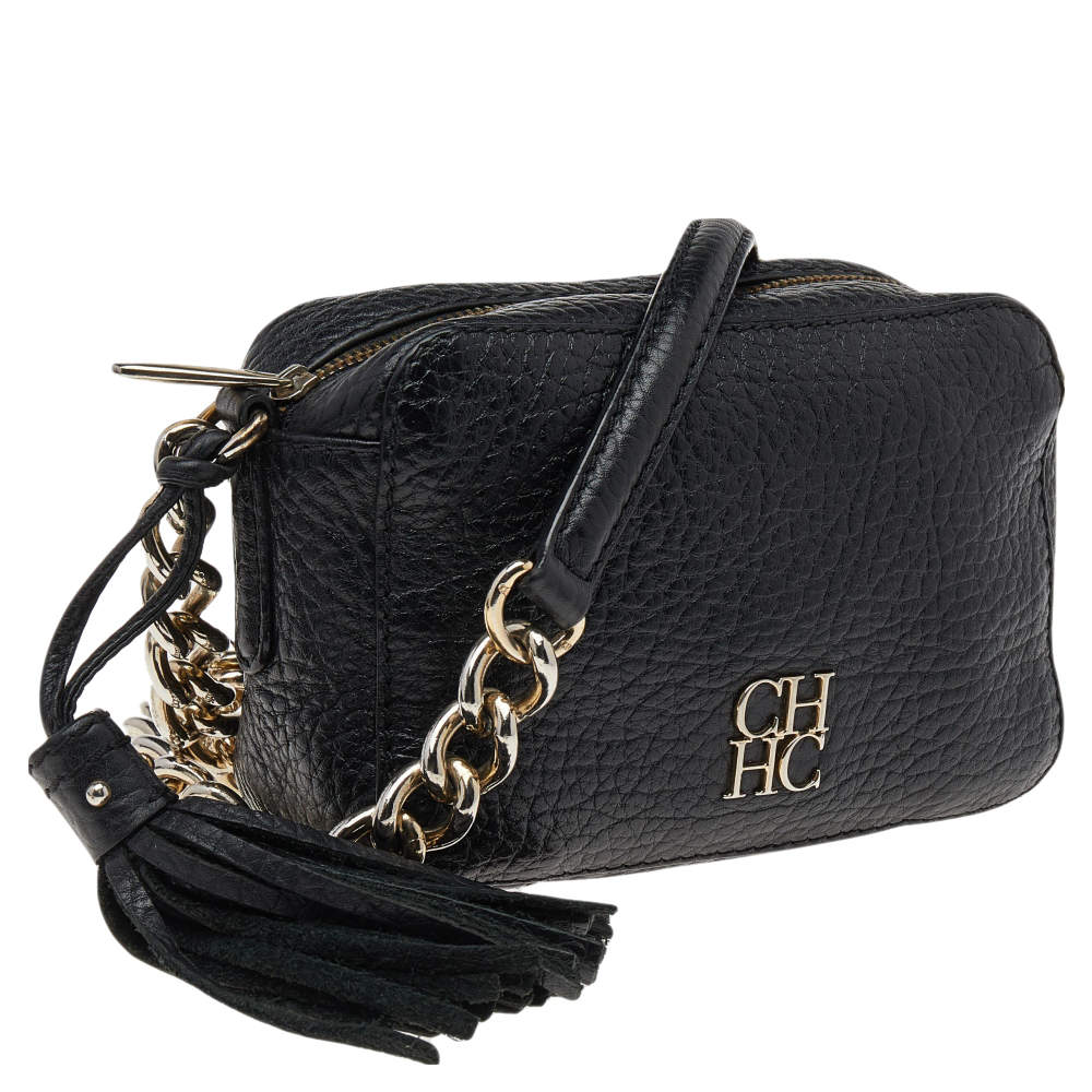 Carolina Herrera Black Pebbled Leather Camera Tassel Shoulder Bag Carolina  Herrera