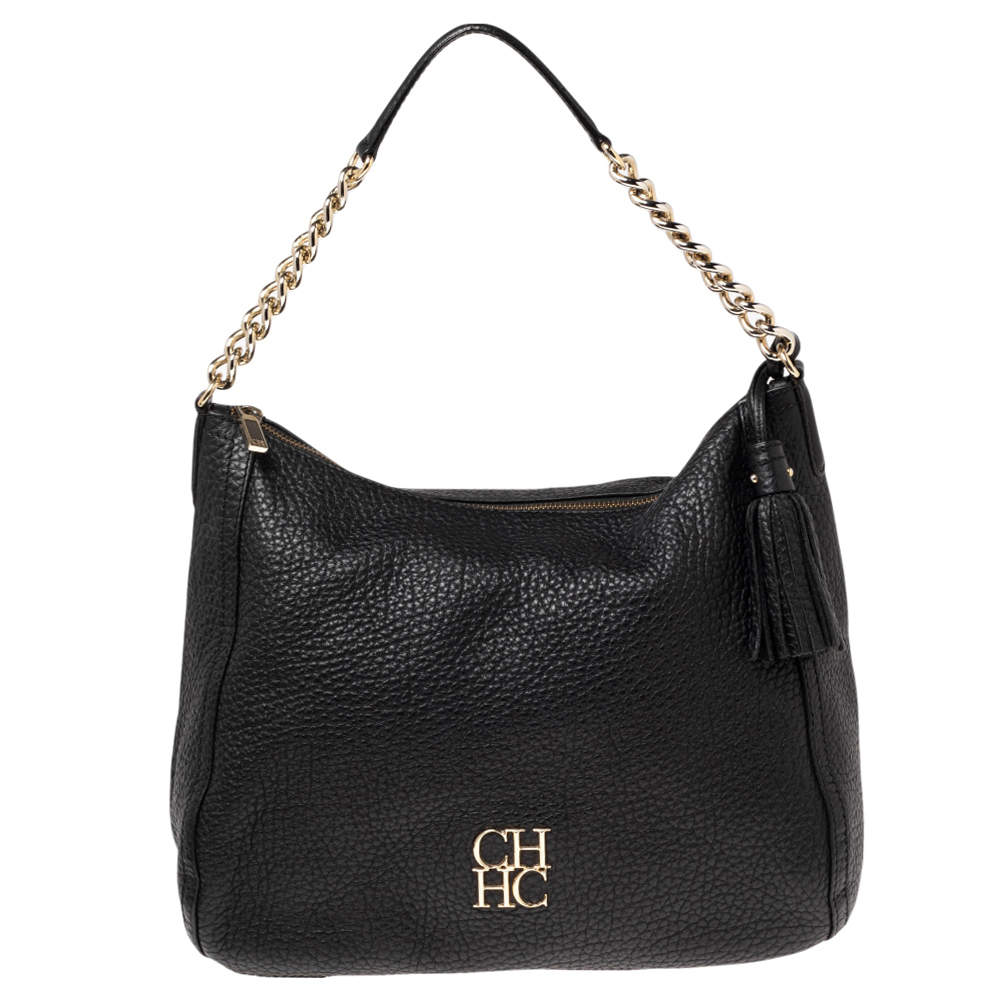 Pre Owned Carolina Herrera Black Leather Chain Tassel Hobo
