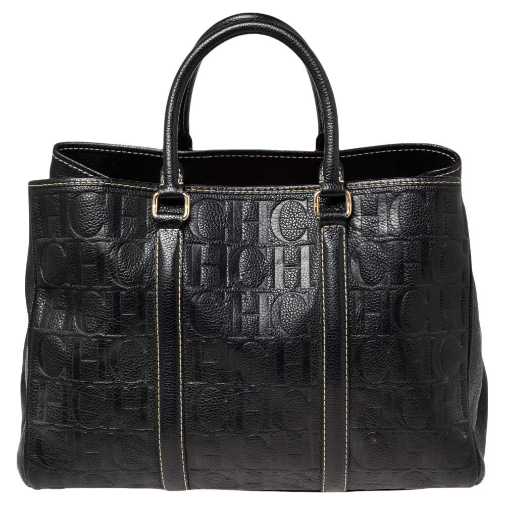 Pre Owned Carolina Herrera Black Embossed Monogram Leather Andy Tote