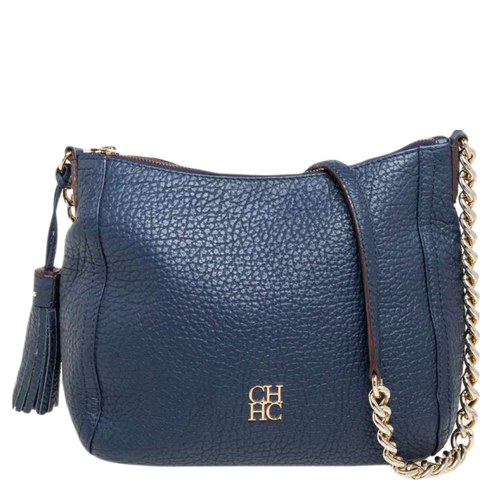 Pre Owned Carolina Herrera Navy Blue Leather Chain Tassel Shoulder Bag