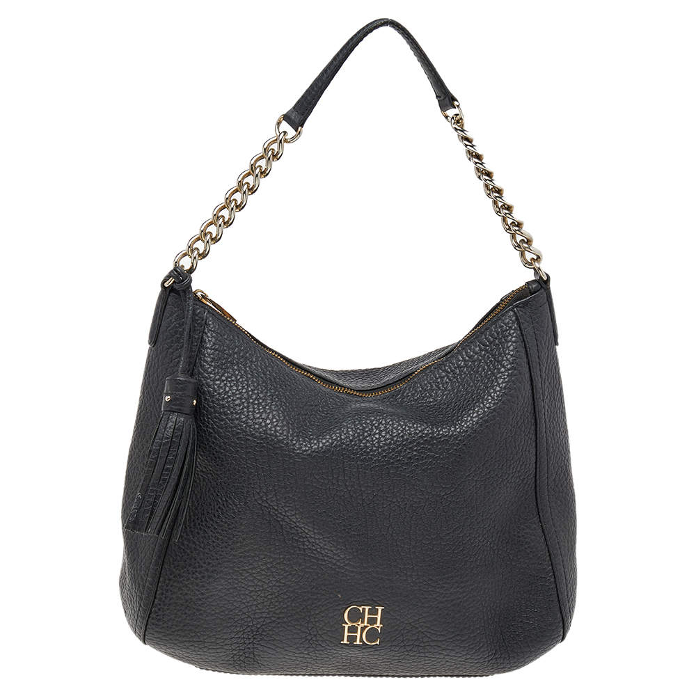 Pre Owned Carolina Herrera Black Pebbled Leather Chain Shoulder Bag