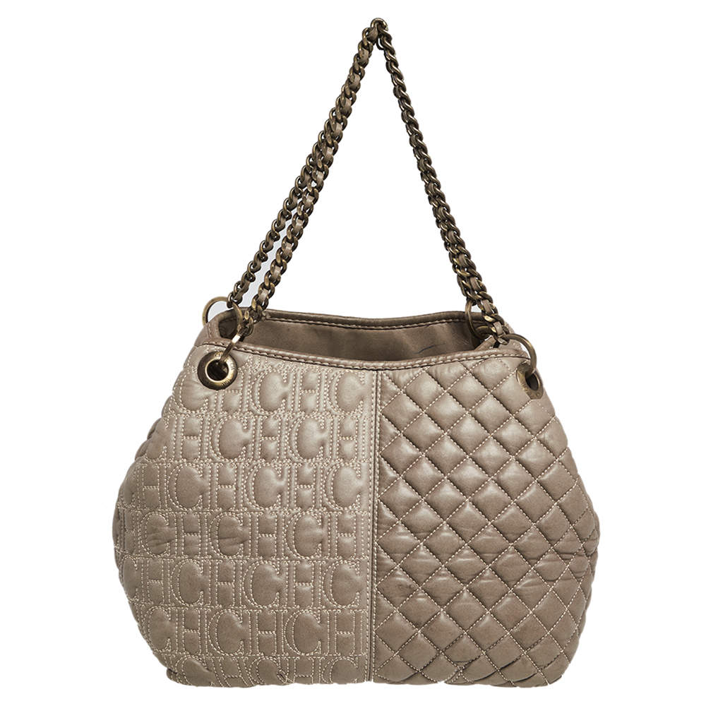 Pre Owned Carolina Herrera Olive Green Monogram Leather Shoulder Bag