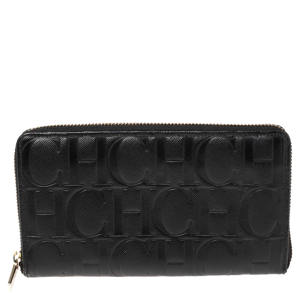 Pre Owned Carolina Herrera Black Monogram Leather Zip Around Wallet