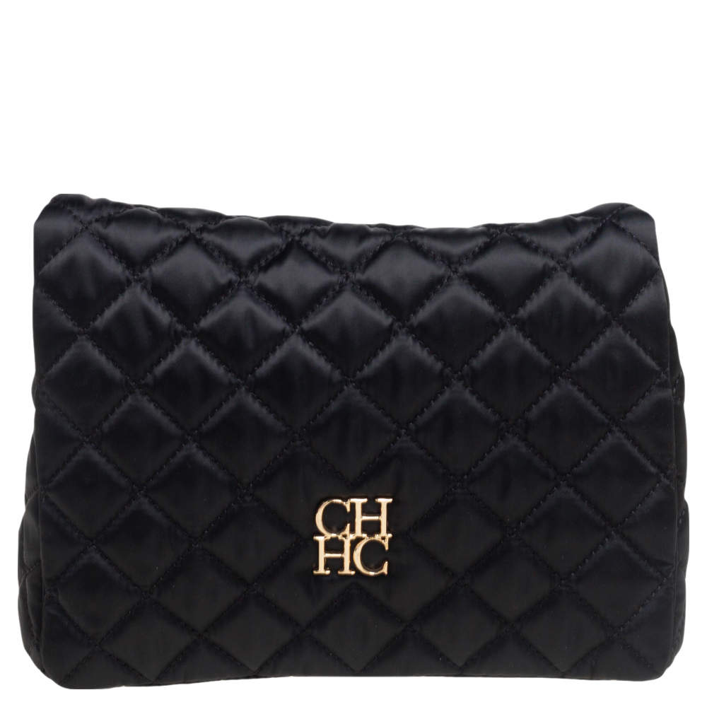 Pre Owned Carolina Herrera Black Quilted Satin Flap Clutch