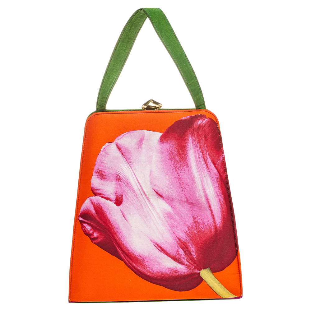 Caroline Herrera Multicolor Floral Print Satin Top Handle Bag
