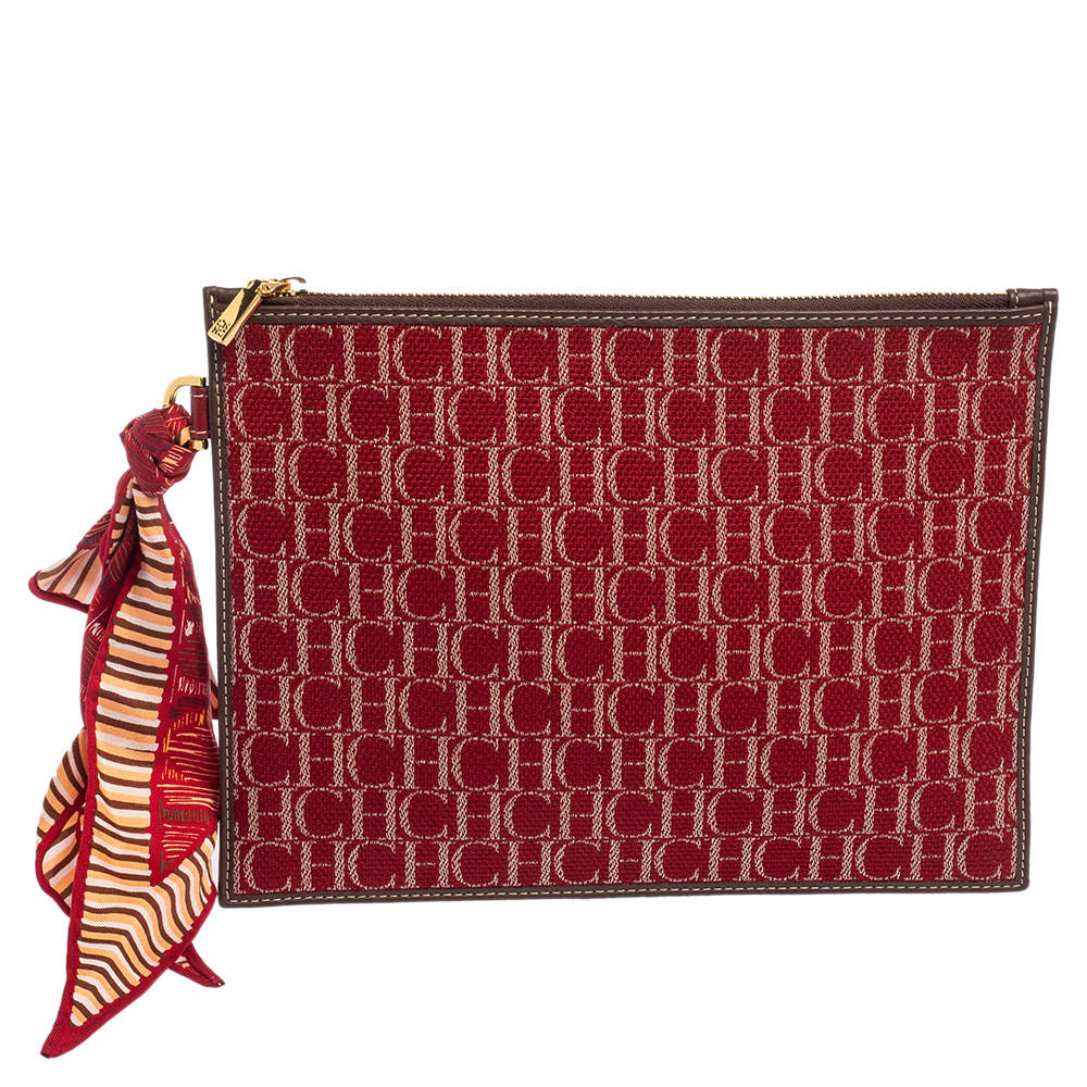 Pre Owned Carolina Herrera Red Monogram Canvas and Leather Pouch