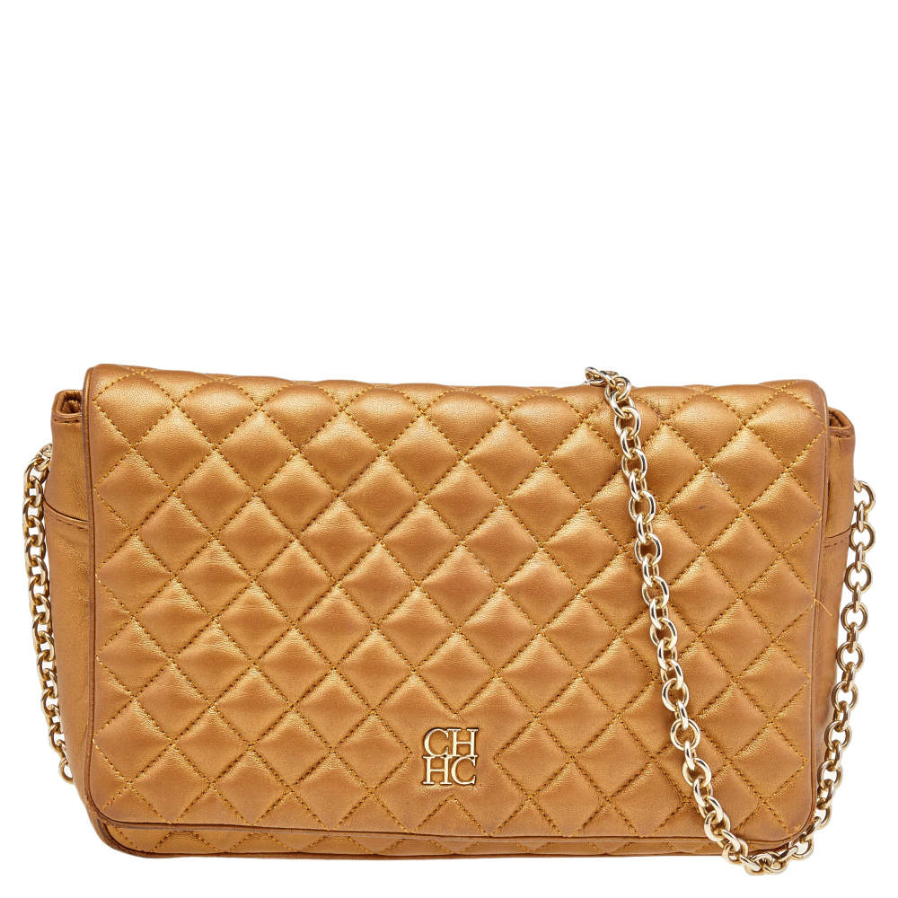Pre Owned Carolina Herrera Gold Quilted Leather Flap Chain Shoulder Bag