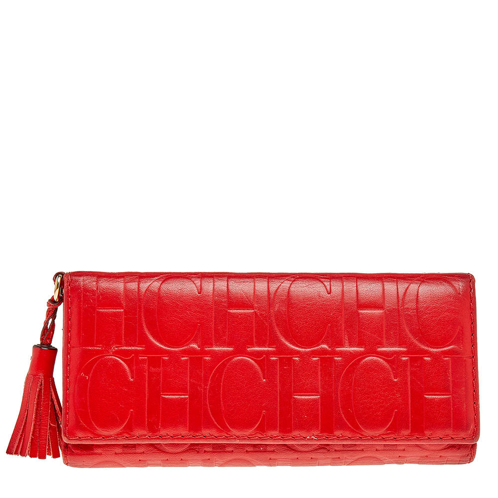 Pre Owned Carolina Herrera Red Monogram Leather Trifold Continental Wallet