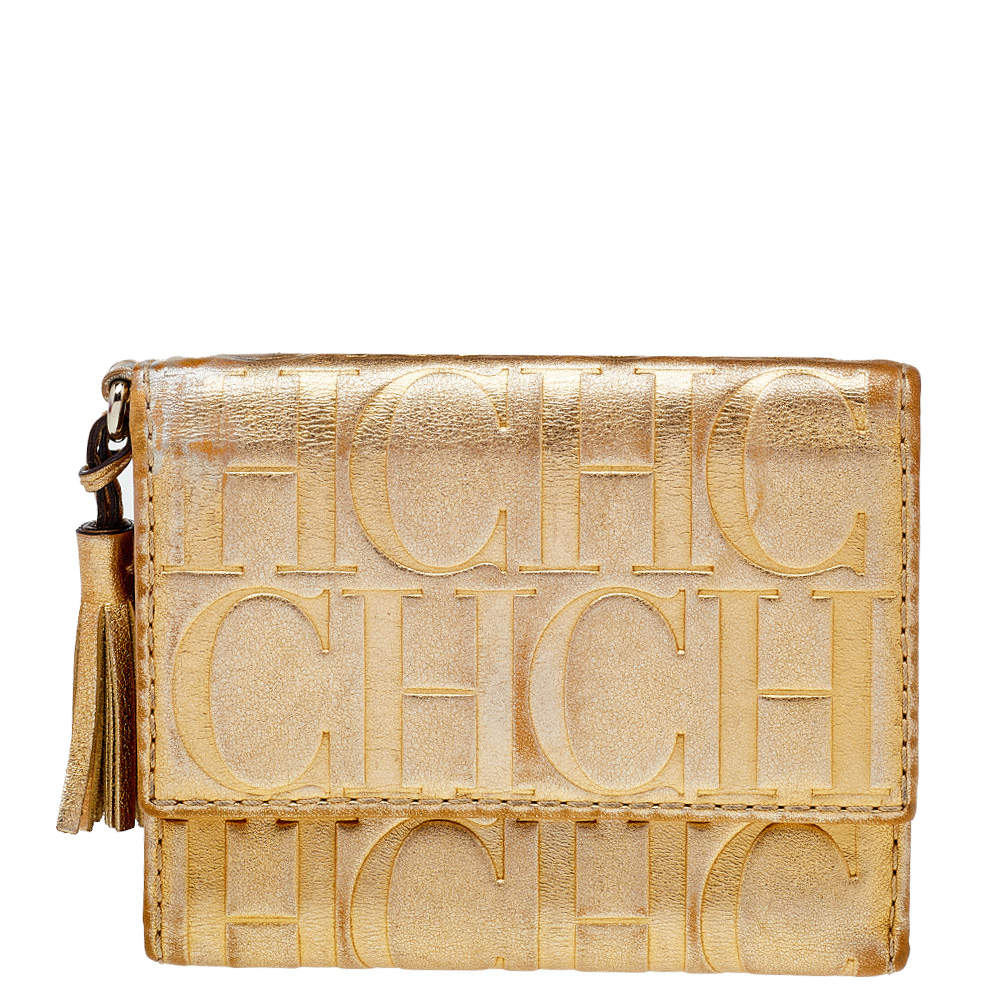 Pre Owned Carolina Herrera Metallic Gold Monogram Leather Tassel Trifold Wallet