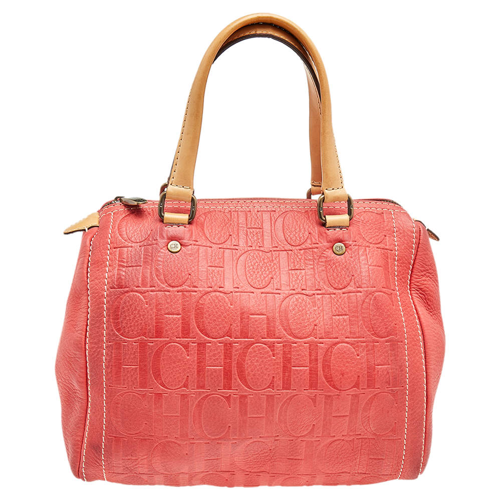 Pre Owned Carolina Herrera Red/Beige Leather Monogram Embossed Andy Boston Bag