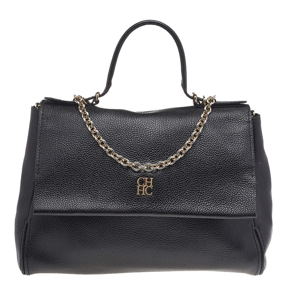Pre Owned Carolina Herrera Black Leather Minuetto Top Handle Flap Shoulder Bag