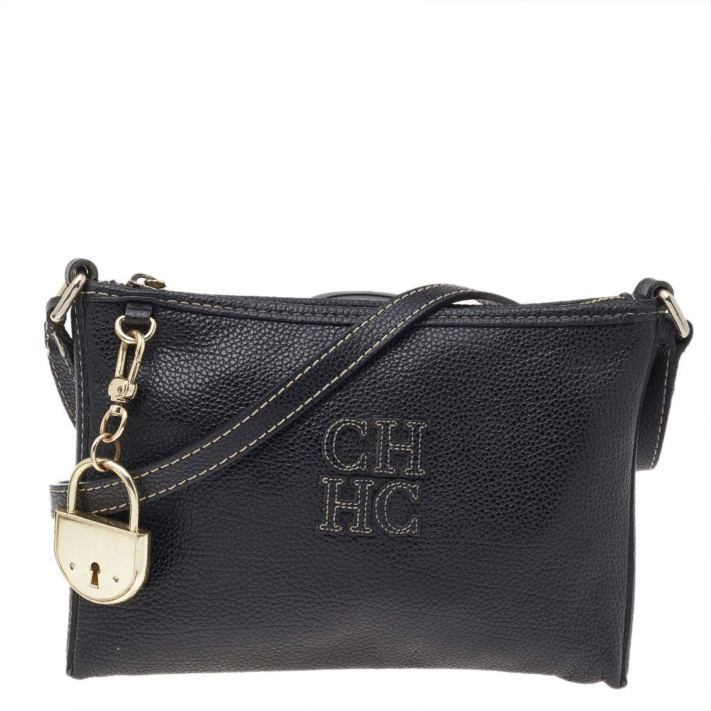 Pre Owned Carolina Herrera Black Leather Crossbody Bag