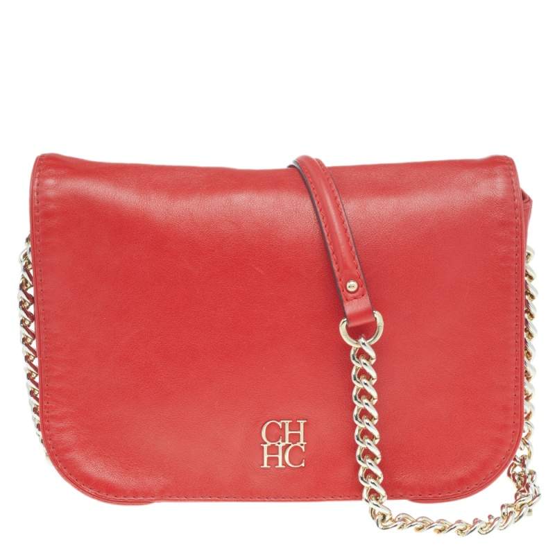 Pre Owned Carolina Herrera Red Leather Flap Chain Shoulder Bag