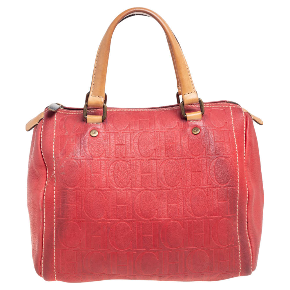 Pre Owned Carolina Herrera Red Monogram Embossed Leather Andy Boston Bag