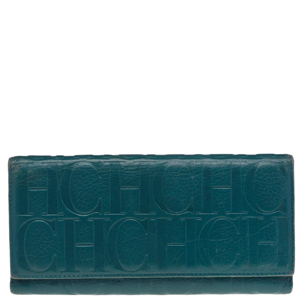 Carolina Herrera Green Monogram Embossed Leather Flap Continental Wallet
