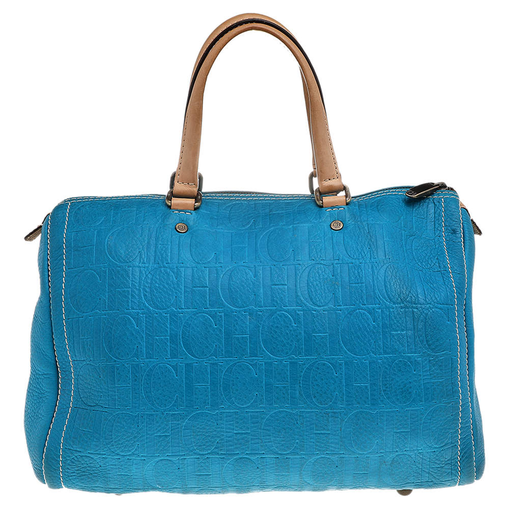 Pre Owned Carolina Herrera Bright Blue Monogram Embossed Leather Andy Boston Bag