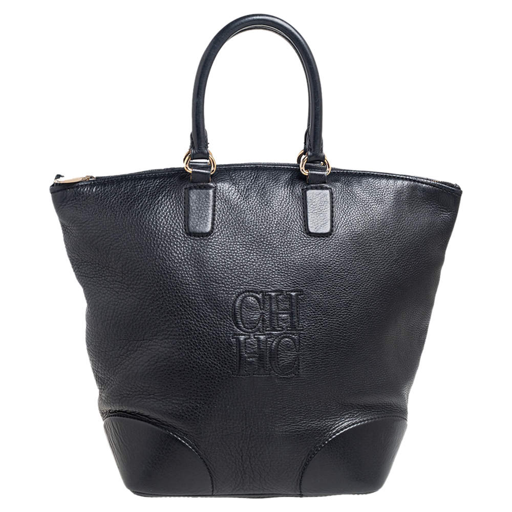 Pre Owned Carolina Herrera Black Leather Top Zip Shopper Tote