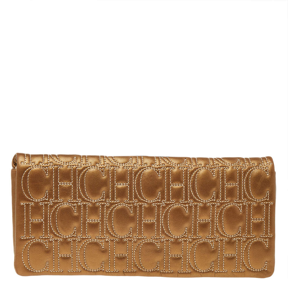 Pre Owned Carolina Herrera Gold Monogram Leather Flap Clutch