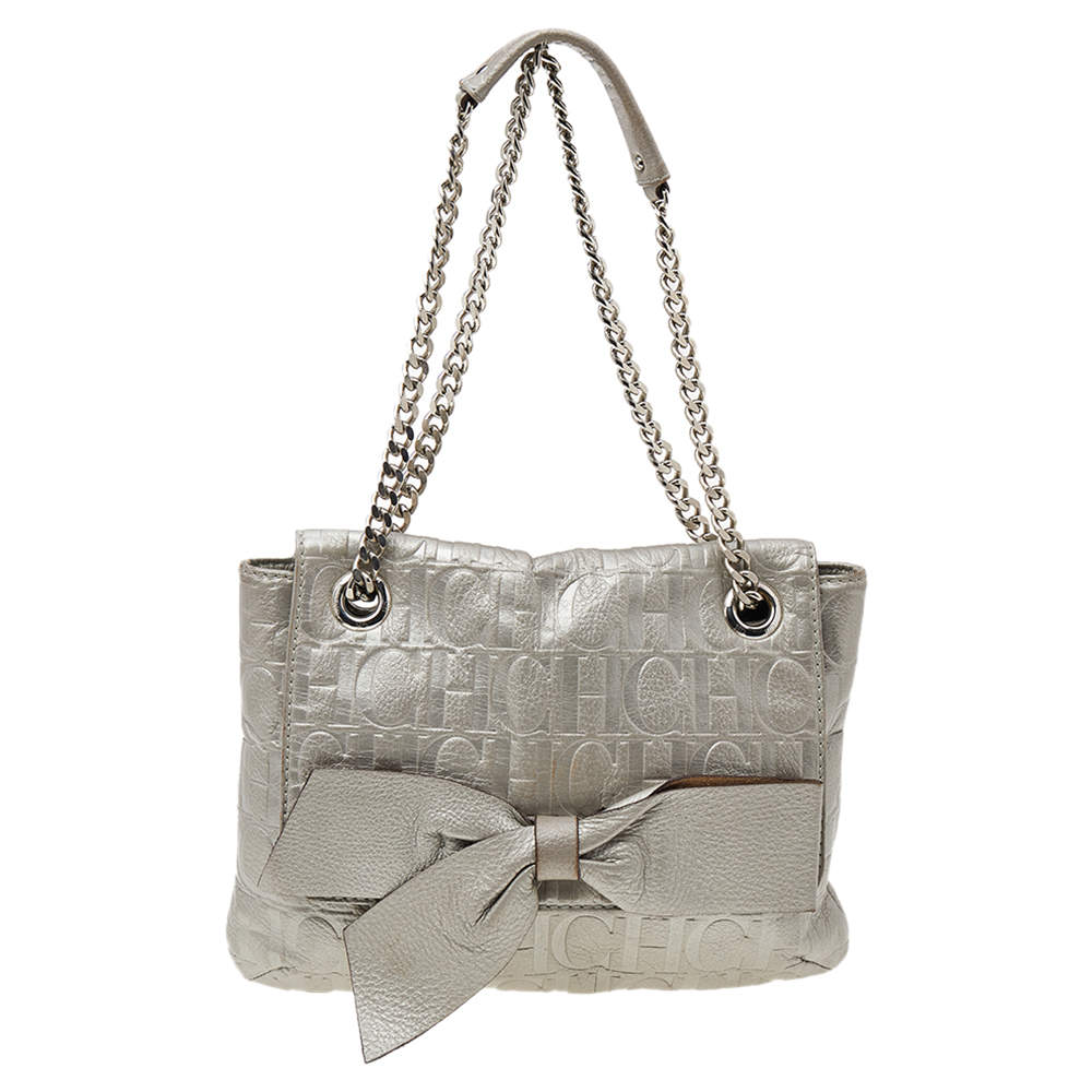 Pre Owned Carolina Herrera Silver Monogram Embossed Leather Bow Flap Shoulder Bag