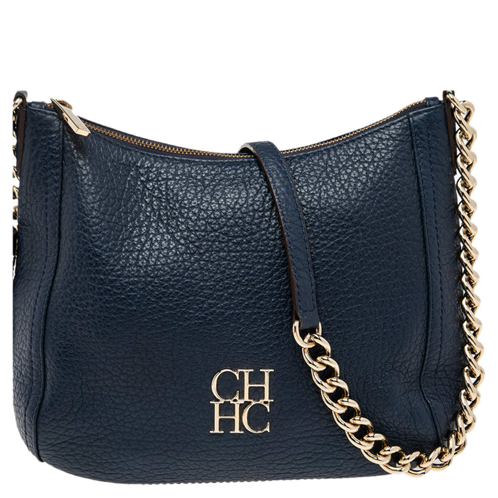 Pre Owned Carolina Herrera Navy Blue Grained Leather Chain Tassel Shoulder Bag