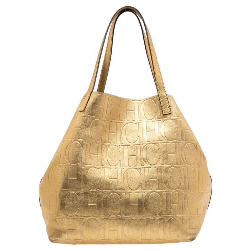 Pre Owned Carolina Herrera Gold Monogram Leather Matryoshka Tote