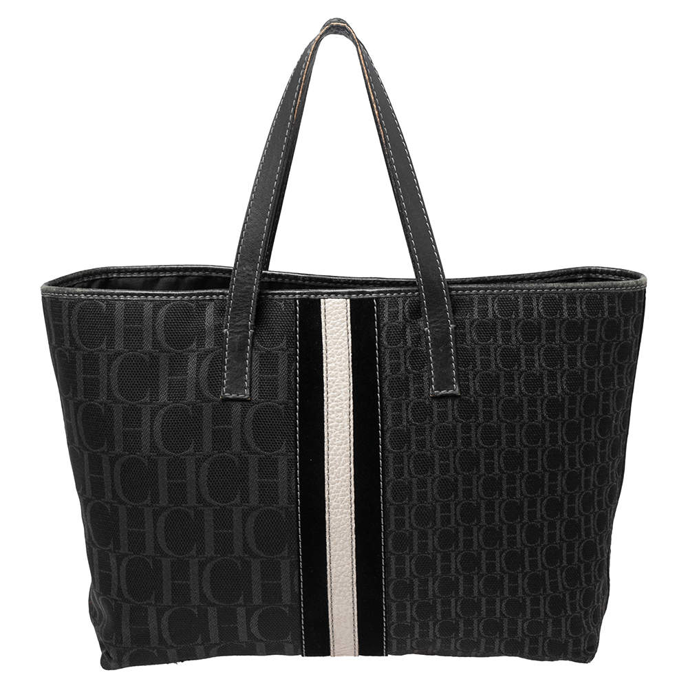 Pre Owned Carolina Herrera Black Signature Canvas and Leather Trim Tote