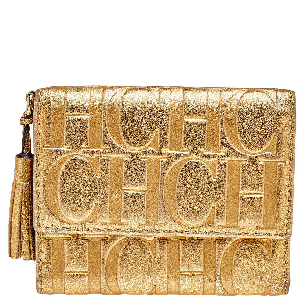 Carolina Herrera Metallic Gold Embossed Leather Trifold Compact Wallet