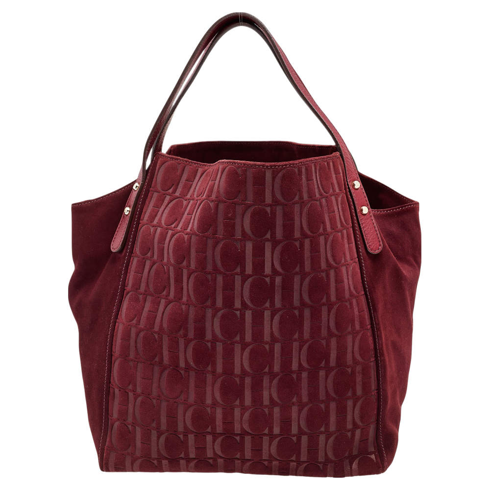 Pre Owned Carolina Herrera Burgundy Monogram Suede and Leather Tote