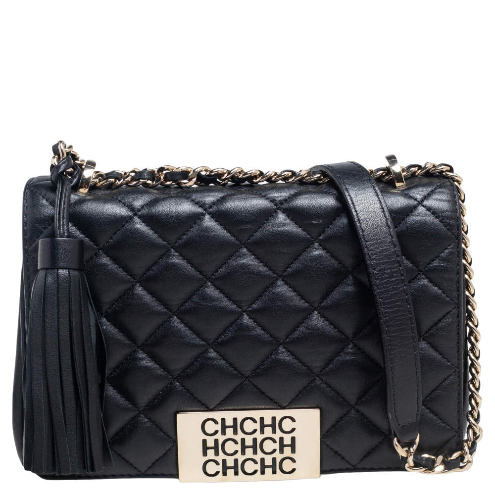 Pre Owned Carolina Herrera Black Quilted Leather Tassel Chain Shoulder Bag
