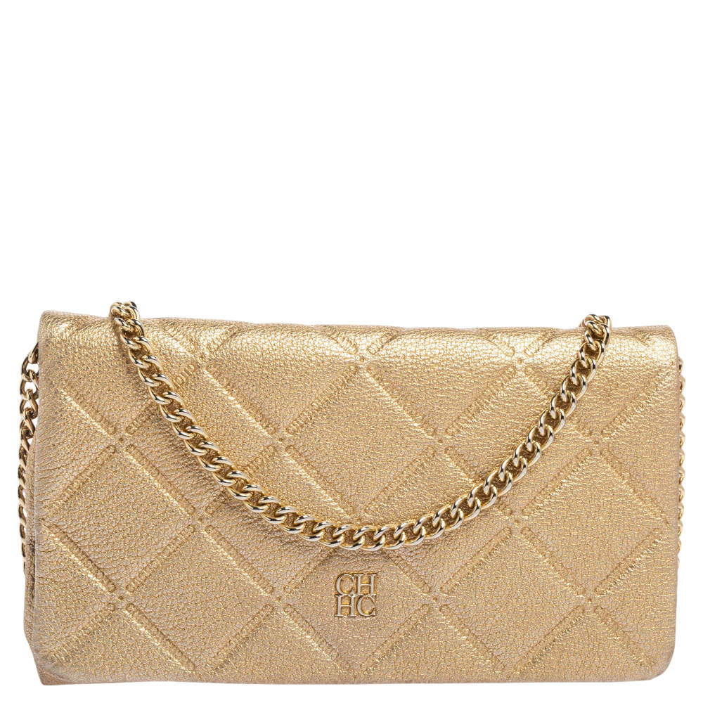 Pre Owned Carolina Herrera Gold Leather Flap Chain Shoulder Bag