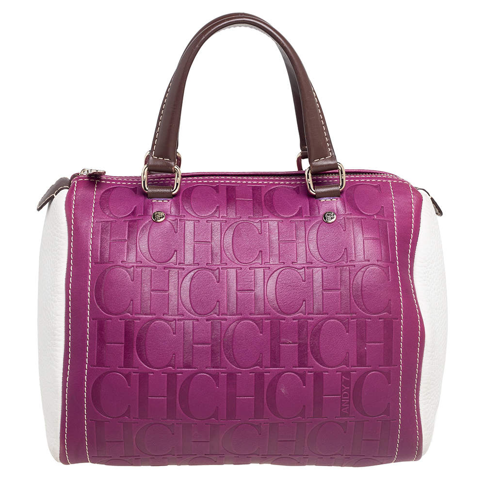 Pre Owned Carolina Herrera Tricolor Signature Embossed Leather Andy Boston Bag