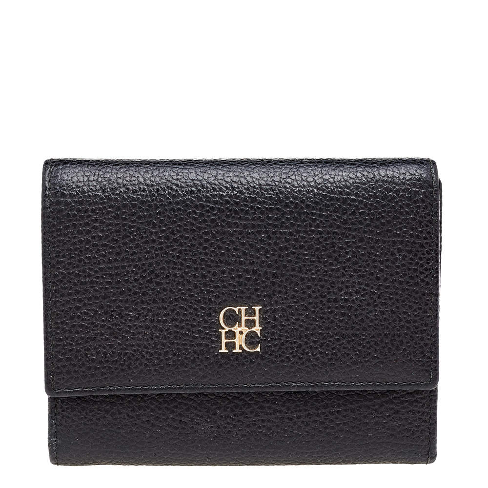 Pre Owned Carolina Herrera Black Leather Trifold Compact Wallet
