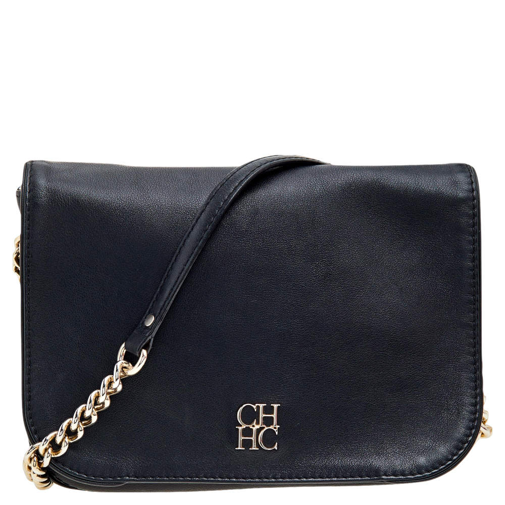 Pre Owned Carolina Herrera Black Leather Chain Flap Shoulder Bag