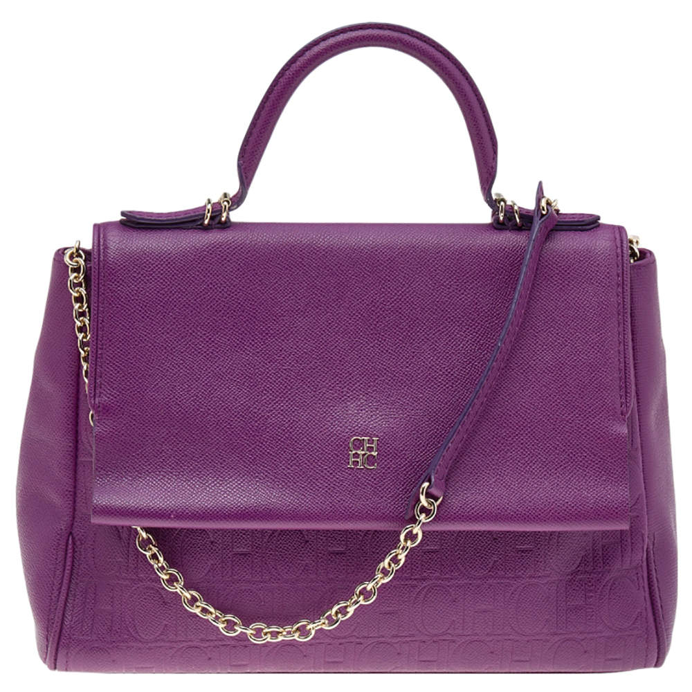 Pre Owned Carolina Herrera Purple Monogram Embossed Leather Minuetto Top Handle Bag