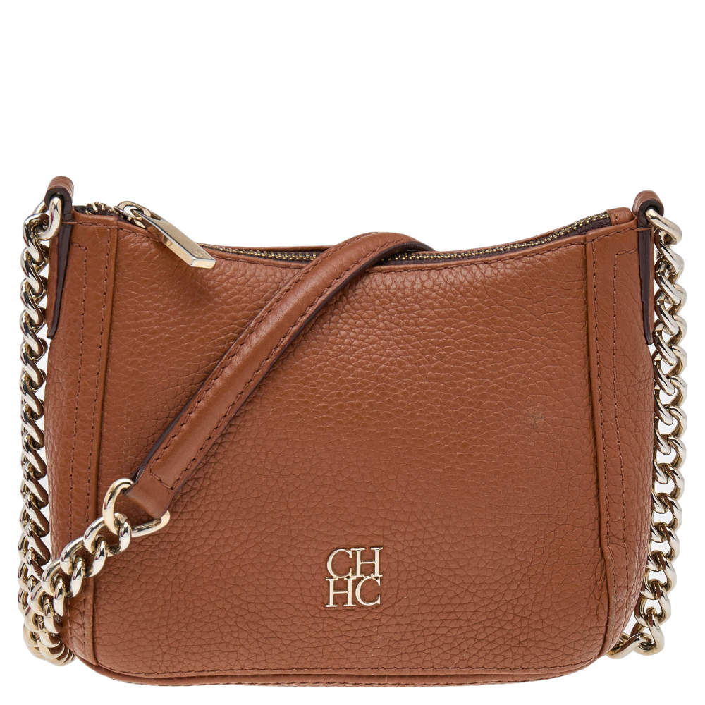 Pre Owned Carolina Herrera Brown Leather Chain Tassel Crossbody Bag